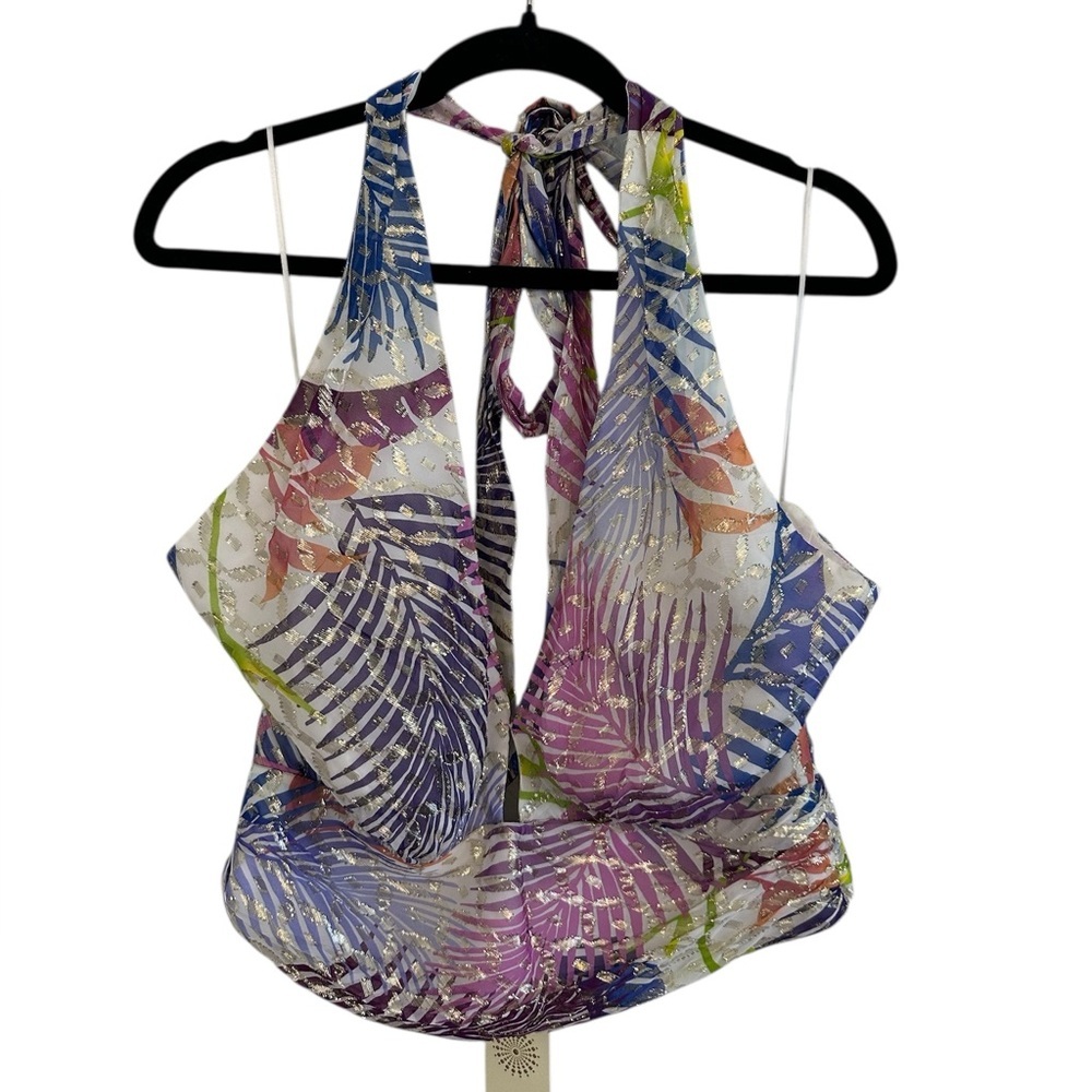 RAMY BROOK Louisa Palm Metallic Print Crop Halter Top Size L - Picture 3 of 7